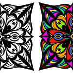 Set of two mandalas in different styles, black and white and color illustrations on a white background.The drawing is created for printing, tattoos, prints and the web