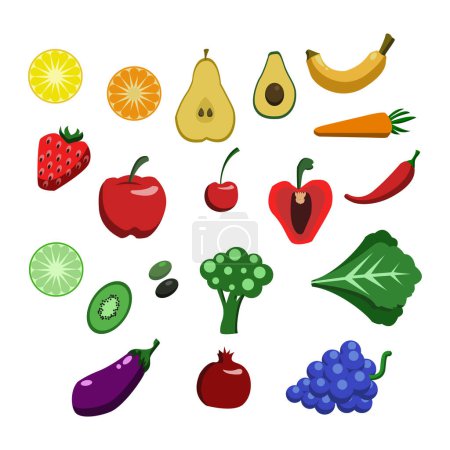 Téléchargez les illustrations : Ensemble de fruits et légumes colorés vecteurs pour une alimentation saine, yoga - en licence libre de droit