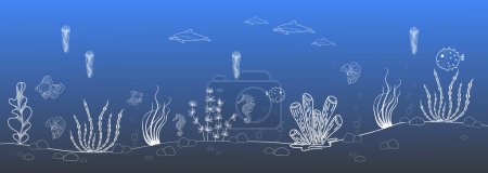 Illustration for Linear illustration of a border with a seabed, fish, jellyfish - Royalty Free Image