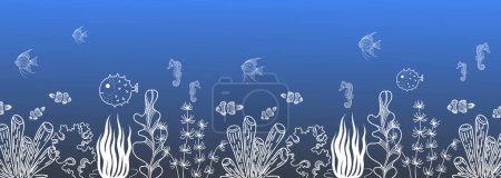 Téléchargez les illustrations : Illustration linéaire d'une bordure avec un fond marin, des poissons, des hippocampes - en licence libre de droit