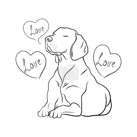Vektorskizze, Tätowierung, Linienzeichnung eines sitzenden Hundes mit Herzen