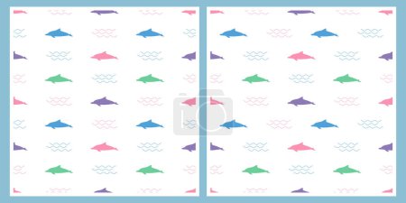 Aquatic marine pattern with colorful dolphins and colorful waves