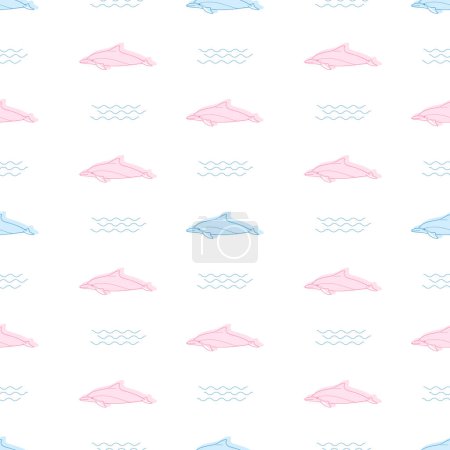 Vector line drawing patterns of pink,blue dolphins