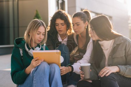 Foto de Grupo de estudiantes universitarias al aire libre en el campus estudian juntas - Imagen libre de derechos