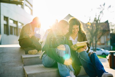 Foto de Dos estudiantes universitarios leen notas juntos en las escaleras - Imagen libre de derechos