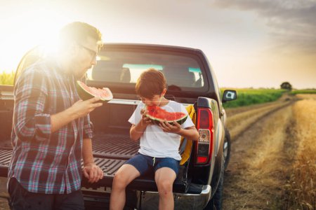 Téléchargez les photos : Fils et père mangent pastèque dans les champs - en image libre de droit