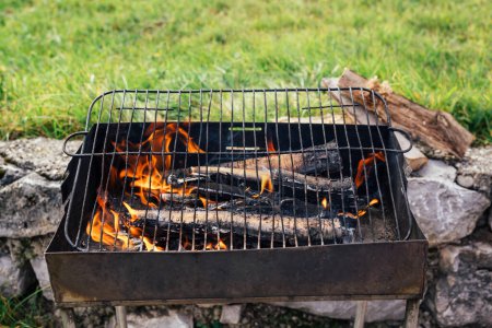 Téléchargez les photos : Grill vide chaud avec des flammes de feu dans la nature - en image libre de droit