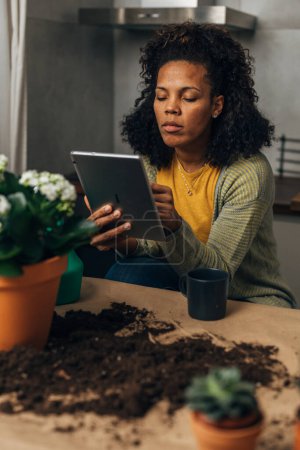 Téléchargez les photos : Femme regarde la tablette et assise à la table avec des fleurs - en image libre de droit