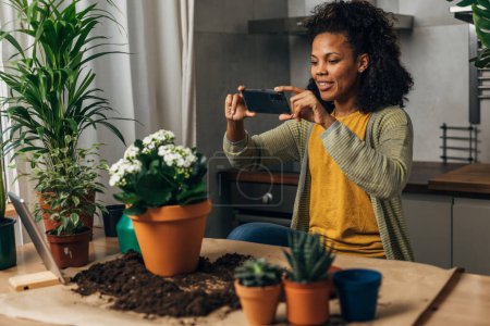 Téléchargez les photos : Une femme prend une photo d'une plante qu'elle a replantée - en image libre de droit