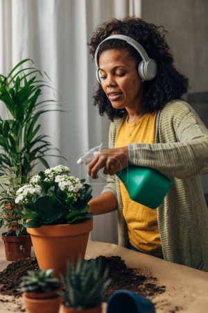 Photo for Mixed race woman is showering her houseplants - Royalty Free Image