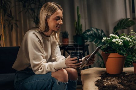 Téléchargez les photos : Vue latérale d'une jeune femme de lien regardant la tablette avec une plante d'intérieur sur la table devant elle - en image libre de droit
