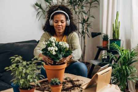 Téléchargez les photos : Une femme met en pot une plante à la maison tout en écoutant de la musique à l'aide de son casque - en image libre de droit