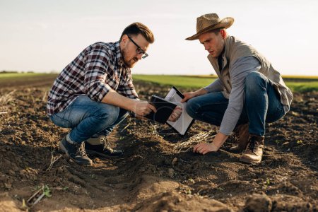Foto de Dos agricultores están tomando una muestra de suelo del campo para comprobar su fertilidad.. - Imagen libre de derechos