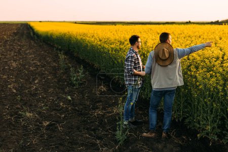 Téléchargez les photos : Les agriculteurs se tiennent dans le champ à côté d'une plantation de colza oléagineux - en image libre de droit