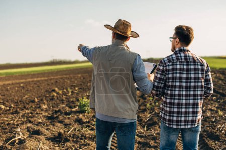 Téléchargez les photos : Deux travailleurs inspectant des terres agricoles. - en image libre de droit