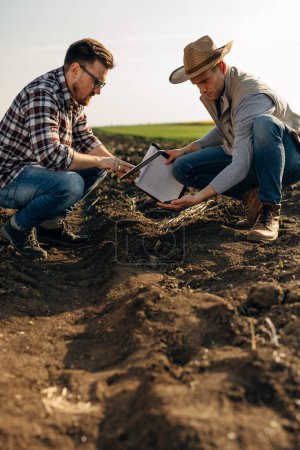 Téléchargez les photos : Deux travailleurs sur le terrain inspectent la fertilité du sol sur leurs terres agricoles. - en image libre de droit