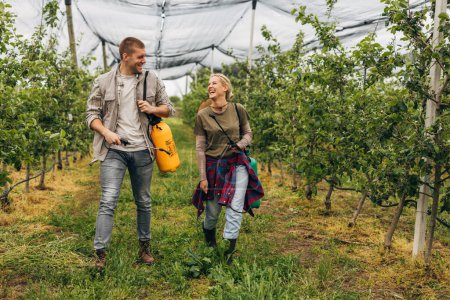 Photo for A man and a woman enjoy working in an orchard together. - Royalty Free Image