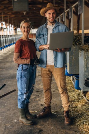 Photo for Man and woman in countryside working at the animal farm. - Royalty Free Image