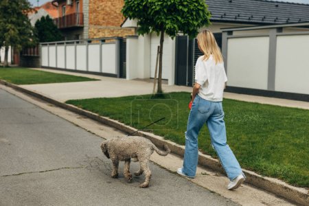 Back view of a blond woman walking the dog on a leash.