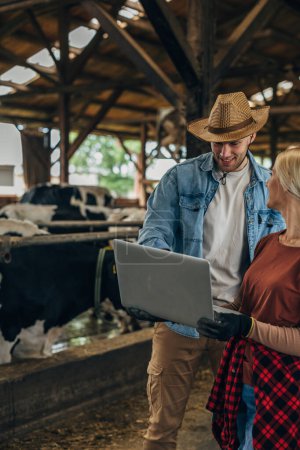 Photo for Cowboy and a woman standing in a stable with a laptop. - Royalty Free Image