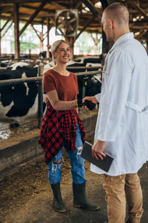 Téléchargez les photos : Joyeux cow-girl saluant un vétérinaire avec une poignée de main. - en image libre de droit