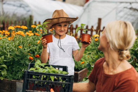 Téléchargez les photos : Doux garçon apporte des plantes en pot à sa mère dans le jardin. - en image libre de droit