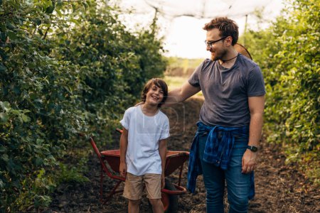 Photo for Front view of a happy father and son working together in the orchard. - Royalty Free Image