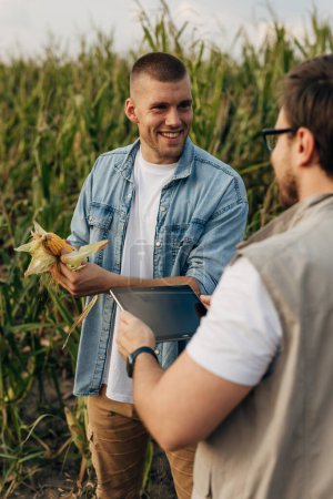 Foto de Dos hombres inspeccionando cultivos de maíz con una tableta. - Imagen libre de derechos