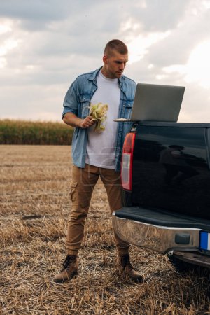 Photo for Businessman works on laptop in the field. - Royalty Free Image