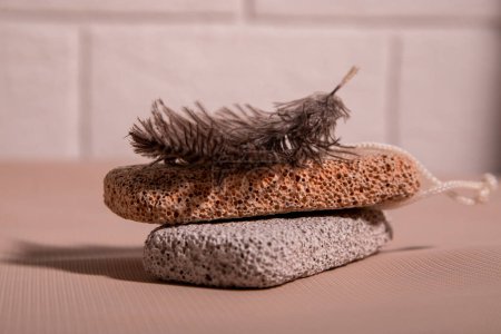 Photo for Spa treatments at home. Soft feather massage for feet pumice - Royalty Free Image