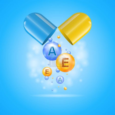 Vitaminas A y E. Plantilla de banner farmacéutico. Cápsula con la caída de las bolas de vitaminas.