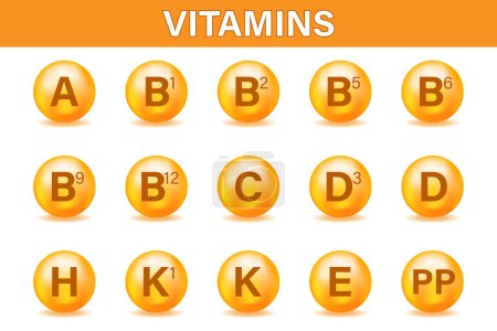 Téléchargez les illustrations : Un ensemble d'icônes complexes multivitamines. Supplément multivitaminé. Vitamine A, groupe B, B1, B2, B3, B5, B6, B9, B12, C, D, D3, E, K, H, K 1, PP. Un complexe vitaminique essentiel. - en licence libre de droit