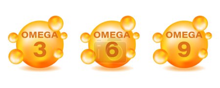Un conjunto de gotas doradas de iconos Omega. Grasas poliinsaturadas Omega-3, Omega-6, Omega-9. Pescado natural, vitamina orgánica, nutrientes. Cápsulas de Vitamina Drop Tablets