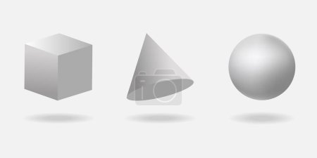 Geometric 3d shapes of sphere, cone and cube. Basic three-dimensional geometry of figures for training, Realistic vector illustration, a set of icons