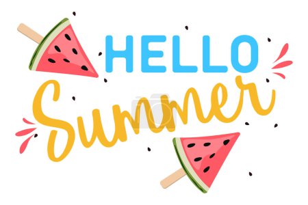 Illustration for A slice of watermelon with fruit ice cream. The inscription "Hello, summer" on the background of a watermelon. Summer background with watermelon ice cream on a stick, watermelon seeds and colored text on a white background. Vector illustration - Royalty Free Image