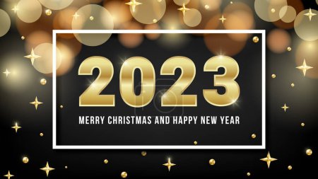 Illustration for 2023 Merry Christmas and Happy New Year greeting card shiny design with golden numbers, bokeh, gold beads, stars and snowflakes on black background. Vector illustration for web, xmas banner, print, ad - Royalty Free Image