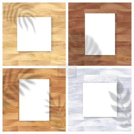 Ilustración de Conjunto de maquetas vectoriales con hoja de papel blanco vacía sobre fondo de madera natural y efecto de superposición de hojas de palma. Portafolio fondos de espacio en blanco para la cartera web, maqueta de póster, presentación - Imagen libre de derechos