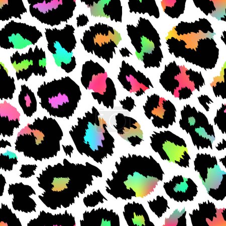 Illustration for Trendy Neon Leopard seamless pattern. Vector rainbow wild animal cheetah skin, gradient leo texture with black and neon spots on white for fashion print design, textile, wrapping paper, backgrounds. - Royalty Free Image
