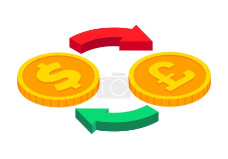 Illustration for Isometric money exchange icon. Dollar to Pound cash exchange. Gold coins with circle arrows sign. 3d Cash, currency transfer, money conversion, banking concept. Vector currency exchange symbol - Royalty Free Image