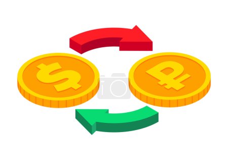 Illustration for Isometric money exchange icon. Dollar to Rouble cash exchange. Gold coins with circle arrows sign. 3d Cash, currency transfer, money conversion, banking concept. Vector currency exchange symbol - Royalty Free Image