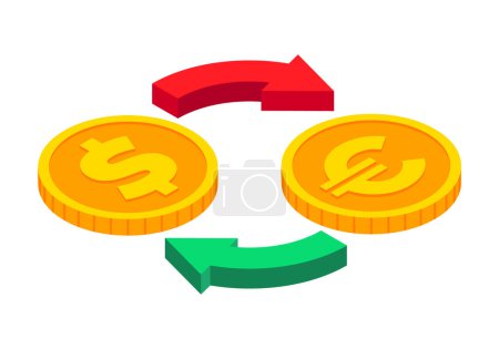 Illustration for Isometric money exchange icon. Euro to dollar cash exchange. Gold coins with circle arrows sign. 3d Cash, currency transfer, money conversion, banking concept. Vector currency exchange symbol - Royalty Free Image