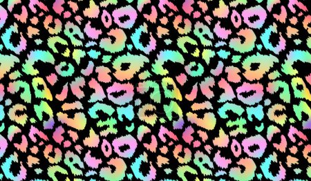 Illustration for Trendy Neon Leopard pattern horizontal background. Vector rainbow wild animal cheetah skin, gradient leo texture with rainbow spots on black for fashion print design, textile, wrapping, background. - Royalty Free Image