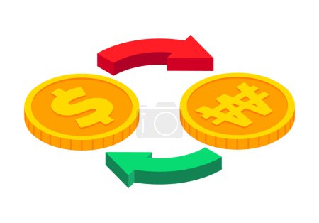 Illustration for Isometric money exchange icon. Dollar to Won cash exchange. Gold coins with circle arrows sign. 3d Cash, currency transfer, money conversion, banking concept. Vector currency exchange symbol - Royalty Free Image