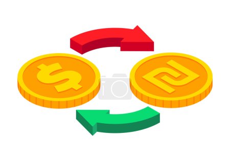 Illustration for Isometric money exchange icon. Dollar to Shekel cash exchange. Gold coins with circle arrows sign. 3d Cash, currency transfer, money conversion, banking concept. Vector currency exchange symbol - Royalty Free Image