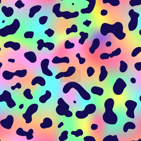 Illustration for Trendy Neon Leopard seamless pattern. Vector rainbow wild animal leo skin, cheetah texture with black spots on rainbow gradient for fashion print design, textile, wrapping paper, backgrounds. - Royalty Free Image