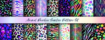 Illustration for Trendy Rainbow Wild Animals seamless patterns set. Vector gradient leopard, cheetah, tiger, snake, zebra and giraffe skin texture with neon spots for fashion print design, backgrounds, wallpapers. - Royalty Free Image
