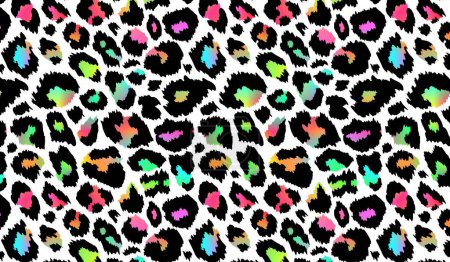 Illustration for Trendy Neon Leopard pattern horizontal background. Vector rainbow wild animal cheetah skin, gradient leo texture with black and rainbow spots on white for fashion print design, textile, background. - Royalty Free Image