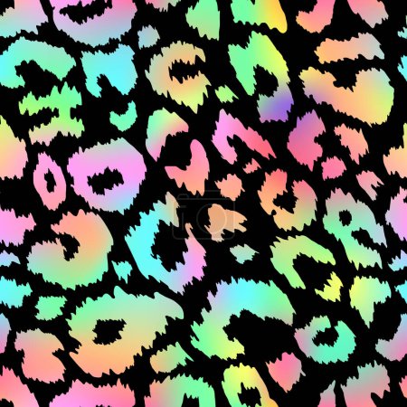 Illustration for Trendy Neon Leopard seamless pattern. Vector rainbow wild animal cheetah skin, gradient leo texture with neon spots on black for fashion print design, textile, wrapping paper, backgrounds. - Royalty Free Image