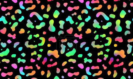 Illustration for Trendy Neon Leopard pattern horizontal background. Vector rainbow wild animal cheetah skin, gradient leo textured rainbow spots on black for fashion print design, textile, wrapping, background. - Royalty Free Image