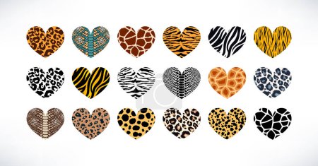 Illustration for Wild safari animal print textured heart set. Vector hearts collection with leopard, cheetah, tiger, giraffe, zebra, snake skin pattern for fashion print design, backgrounds, fabric. - Royalty Free Image